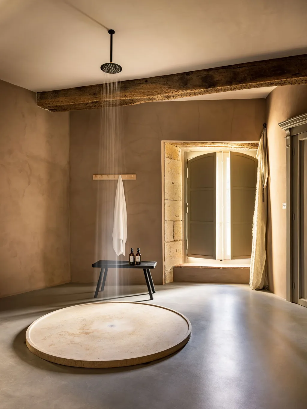 Circular stone shower with a black rainfall head beneath oak beams, Manufacture Royale de Lectoure hotel