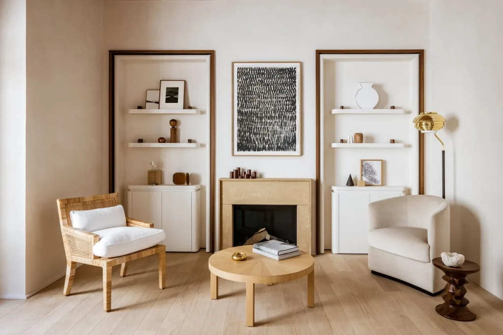 Two pale armchairs around a round table and fireplace in Hugues de Blignières' Paris interior
