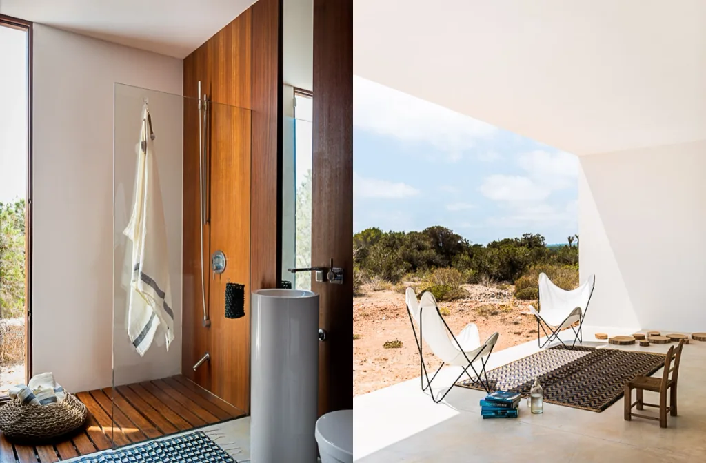 Wood-lined shower paired with sling chairs on a shaded terrace at Casa Formentera, Marià Castello