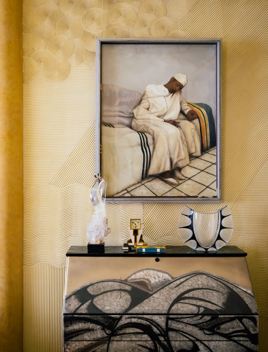 Painted writing cabinet beneath a portrait against patterned gold walls, Felix Marcilhac series, Paris