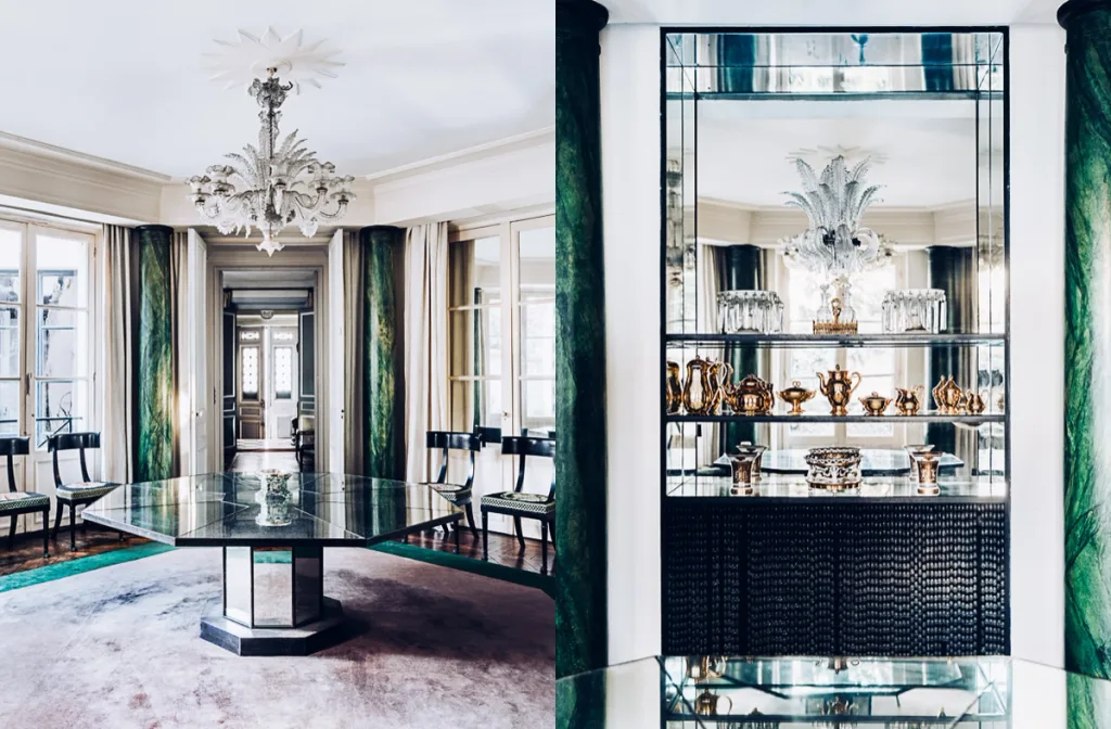 Elegant dining room paired with a mirrored cabinet of tableware, Boutet de Montvel, Paris