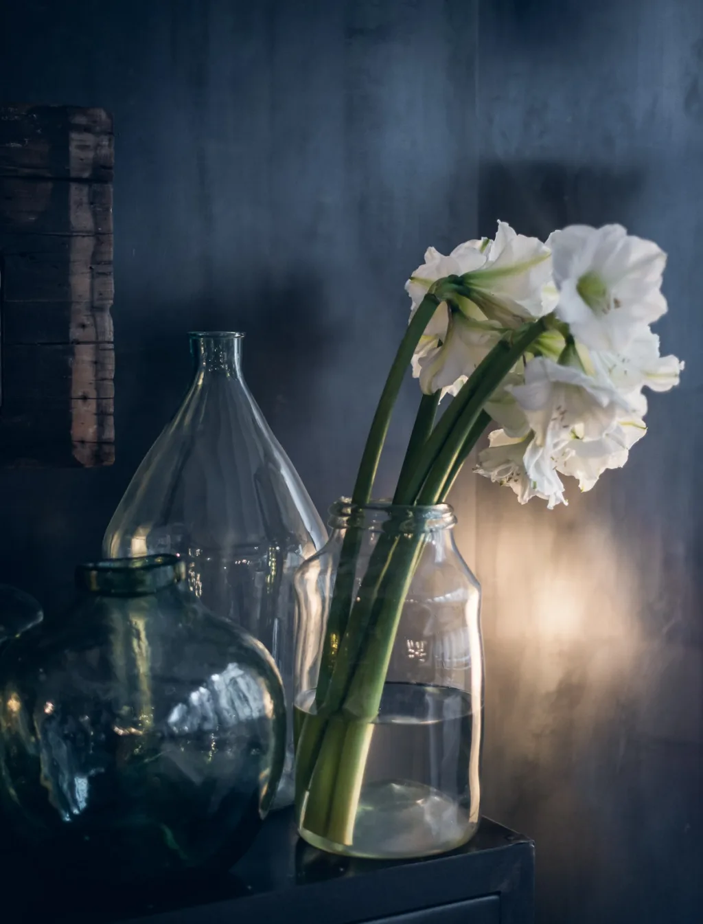 White flowers in glass vessels against a dark blue wall at Daniel Rozensztroch's Paris home