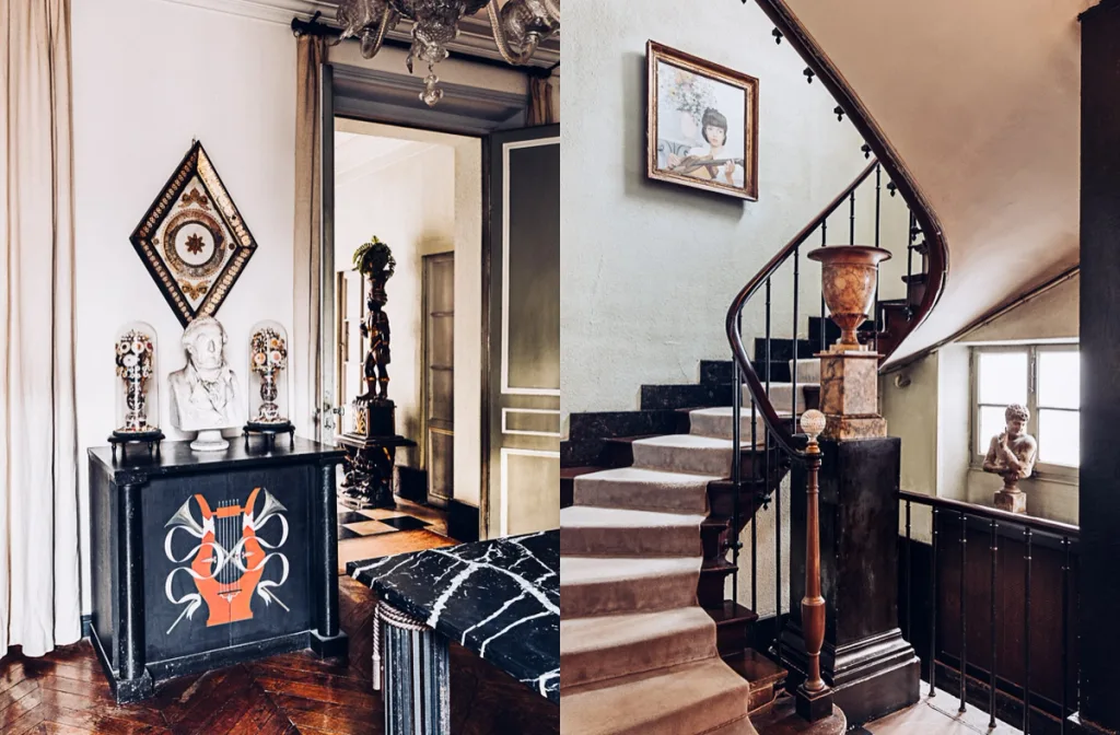 Decorated entrance console paired with a curved carpeted staircase, Boutet de Montvel, Paris