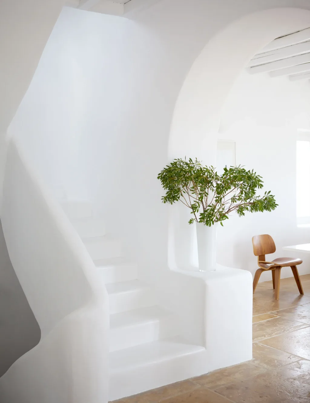 Curved white plaster staircase beside a leafy plant, a hotel in Mykonos
