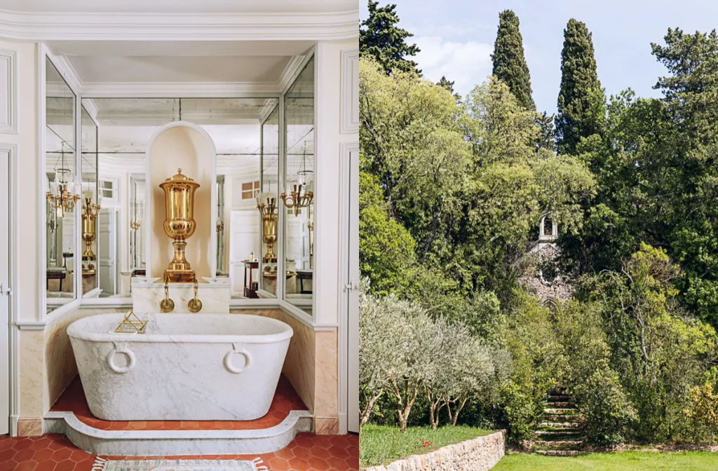 Mirrored bathroom with a white tub beside a view of leafy garden steps, Dior, la Colle Noire