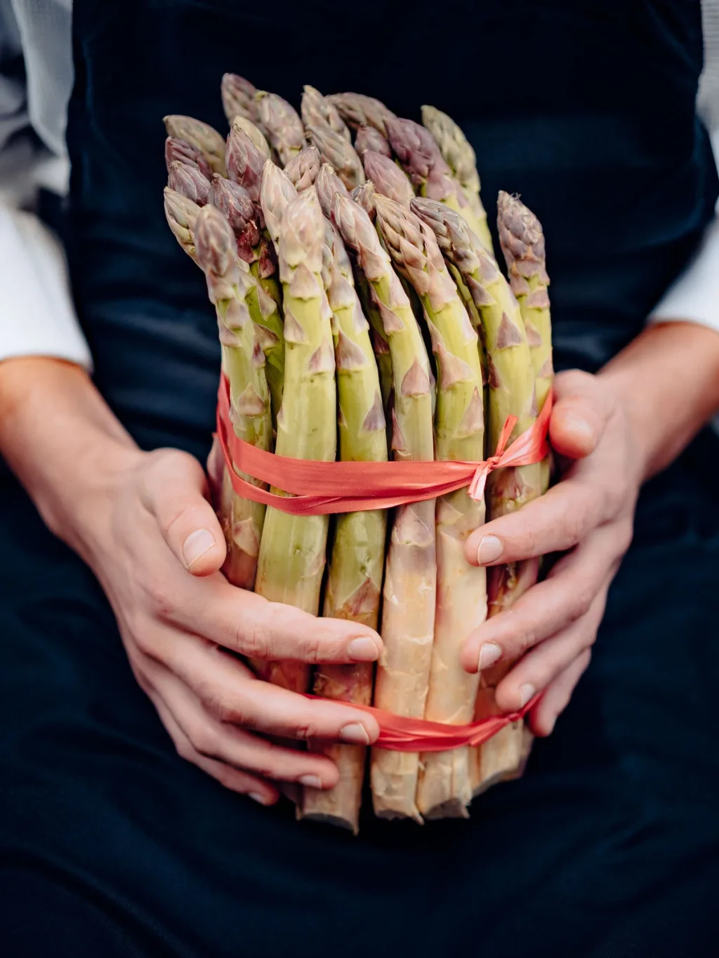 An apron-clad cook holding a bundle of asparagus for Cyril Lignac’s Saisons cookbook