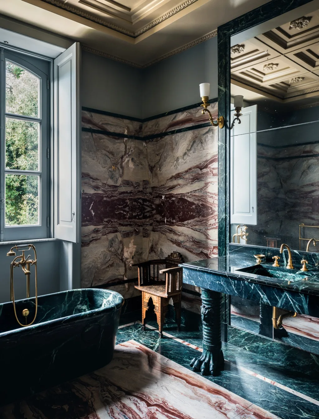 Bathroom with a dark green tub, veined walls and gold-toned taps at Villa Astor