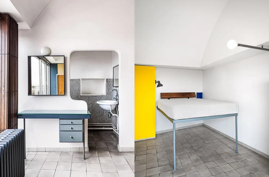 Dressing table and washroom doorway paired with a raised bed and yellow panel at Atelier Le Corbusier