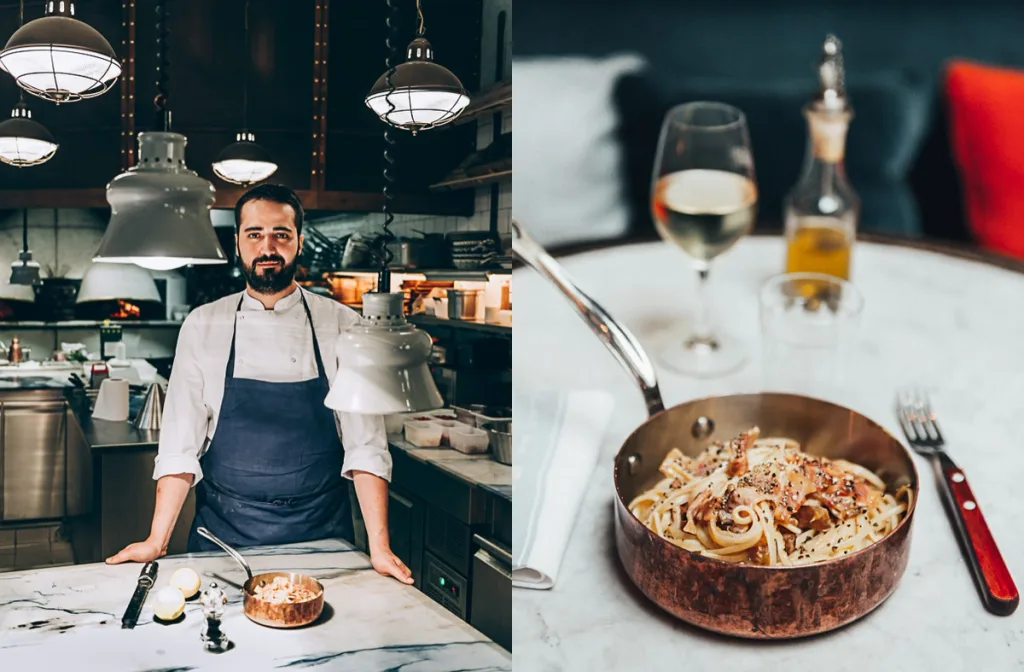 Chef standing in Ober Mamma’s kitchen paired with a pan of freshly served carbonara