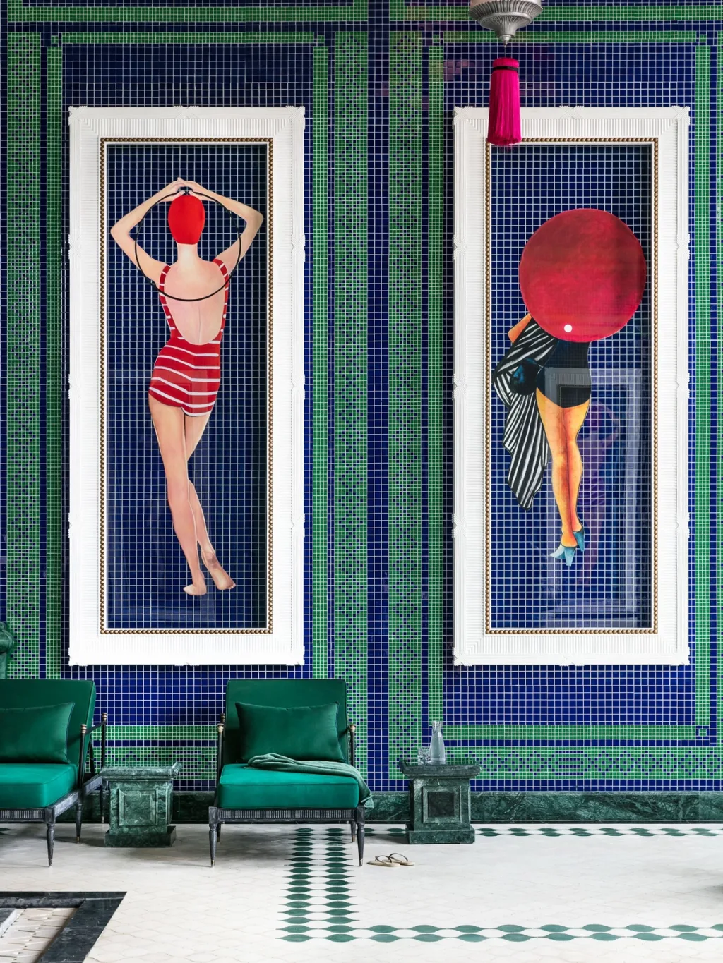 Art Deco swimwear illustrations framed on blue mosaic tiles, Hotel de la Coupole MGallery, Sapa, Vietnam