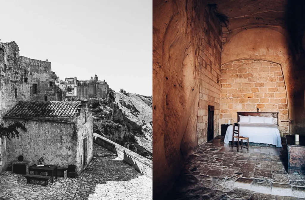 Stone terrace roof beside a cave bedroom carved into the rock, Sextantio Hotel, Matera