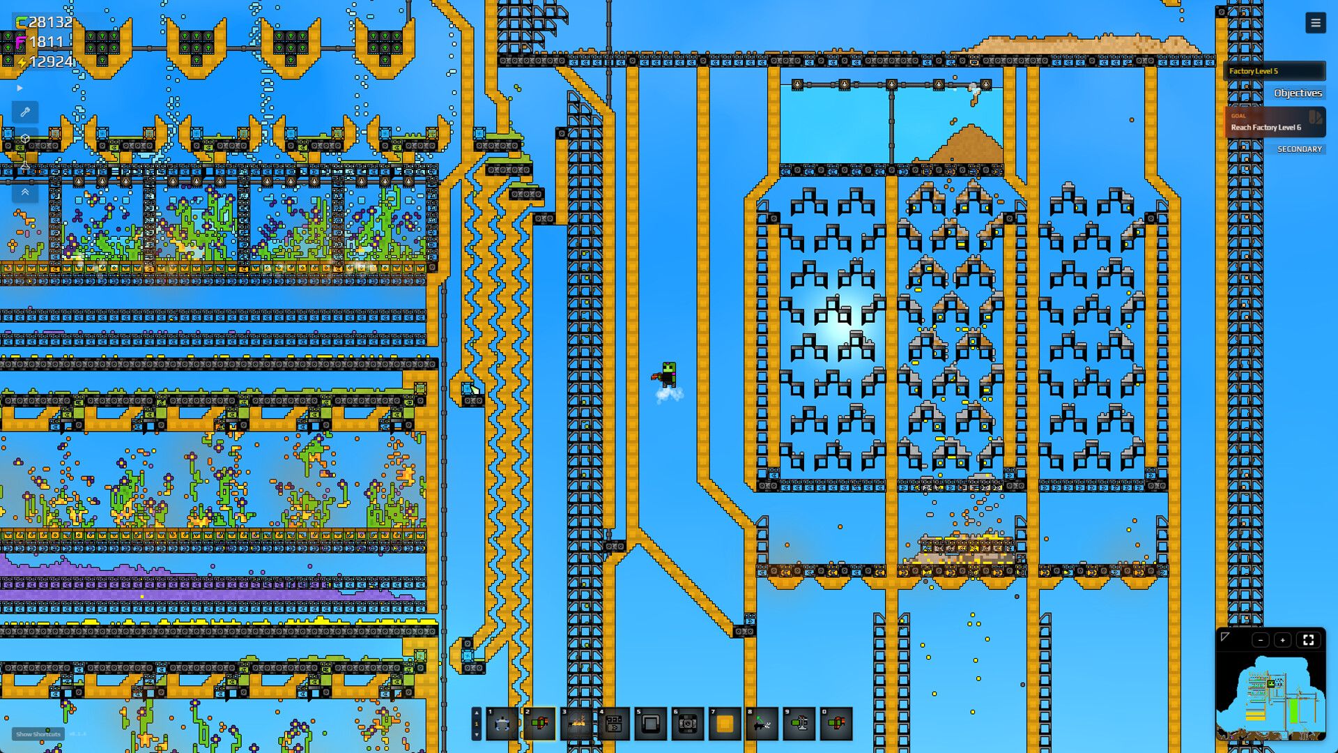 Sandustry screenshot showing a 2D factory-building environment.