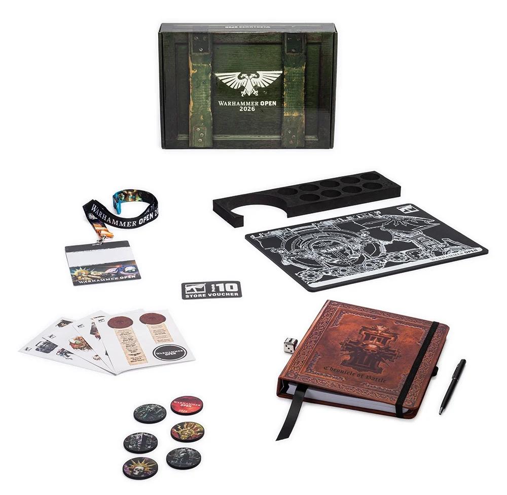 Standard Warhammer Open ticket swag box contents.