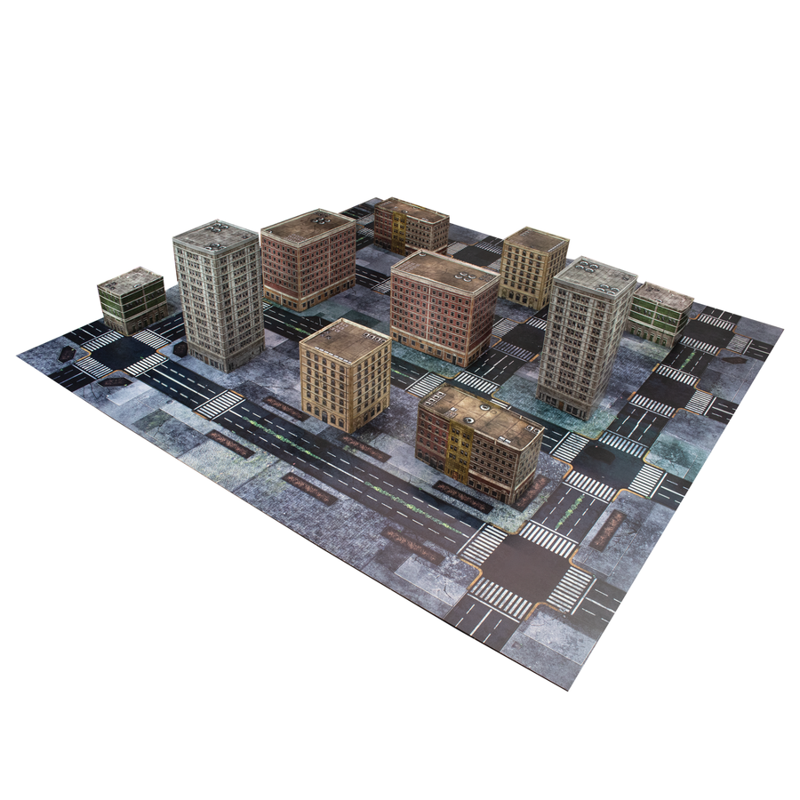 Dropzone Commander terrain buildings arranged on a printed street map.