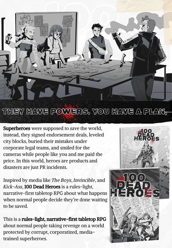 100 Dead Heroes campaign art showing the anti-superhero RPG tone