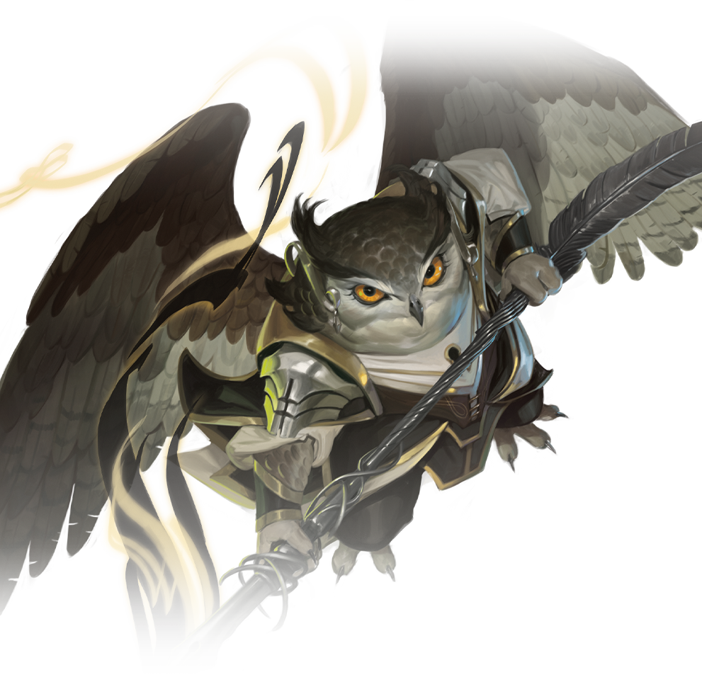 Silverquill College character art — an owlin mage wielding a quill staff