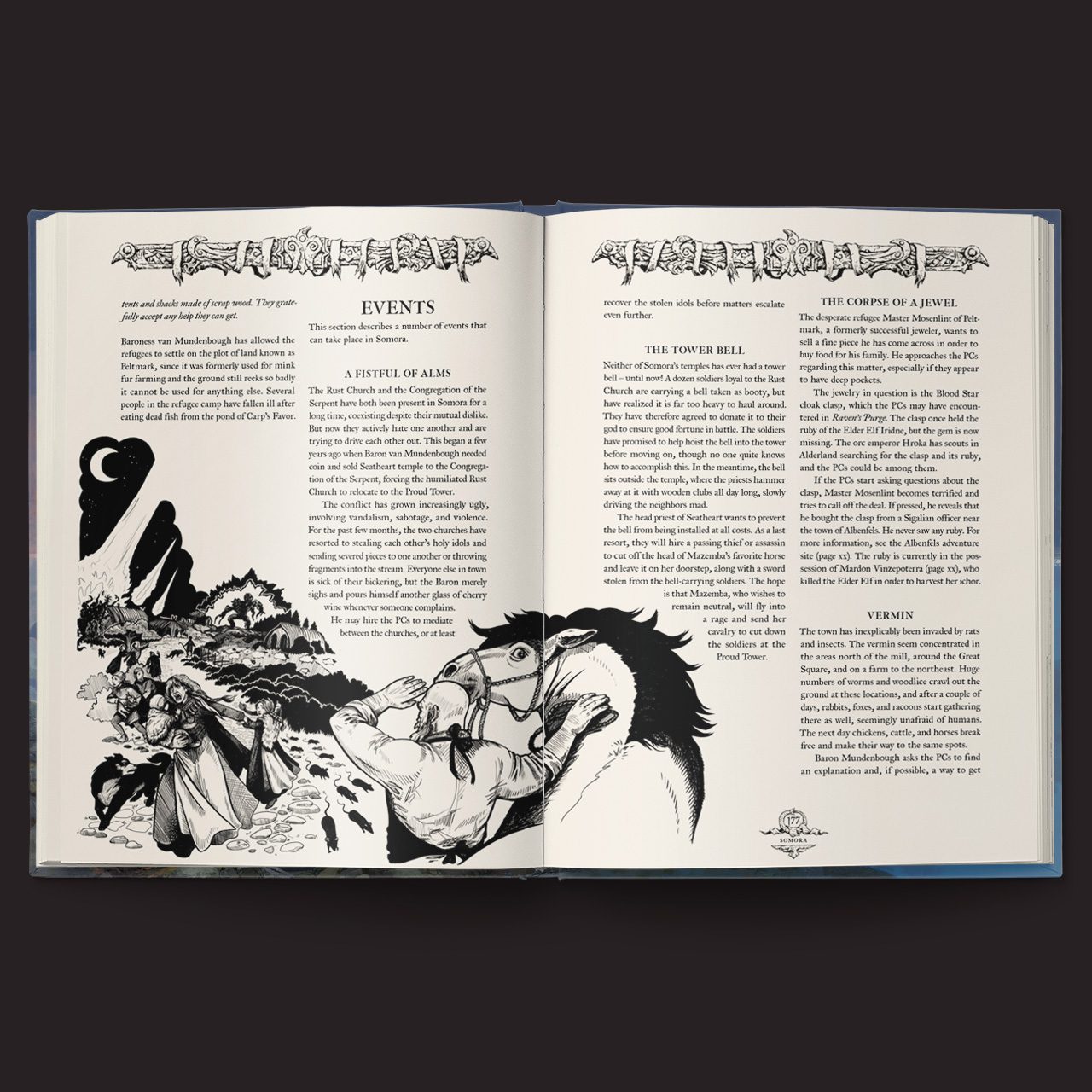 Forbidden Lands Alderland illustrated adventure spread