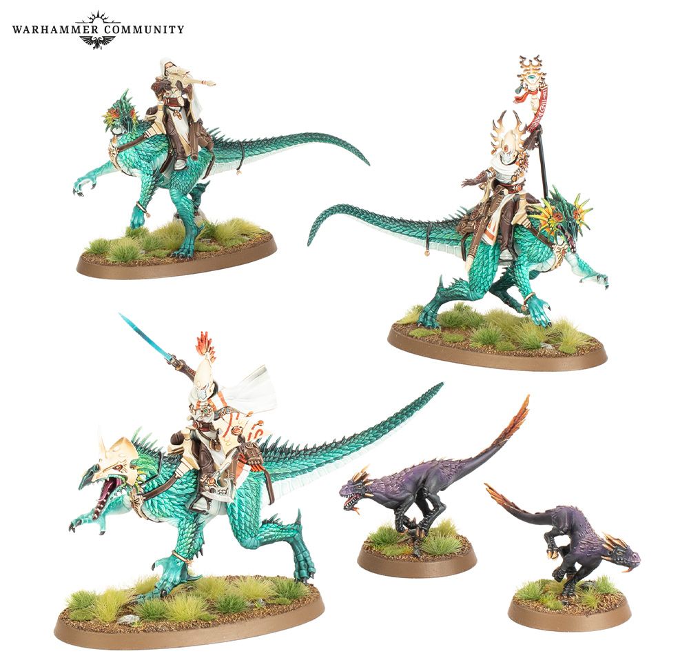 Exodite Dragon Masters beside their Drakolith mounts