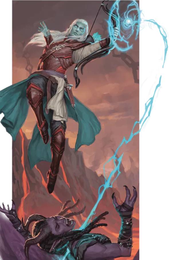 Arcane Archer fighter loosing a magical arrow in official Arcana Unleashed preview art