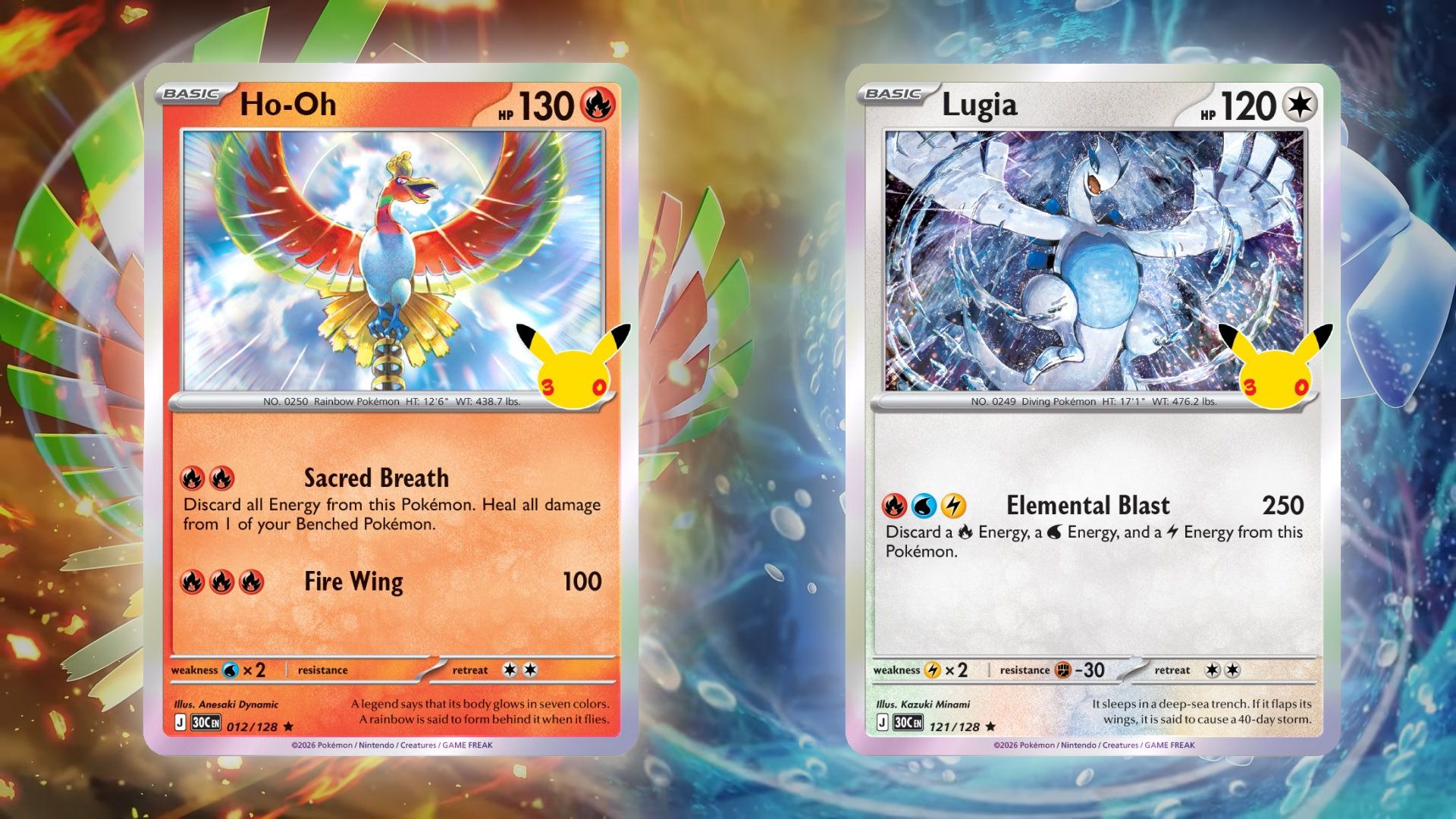 The revealed Lugia and Ho-Oh cards from Pokémon TCG 30th Celebration