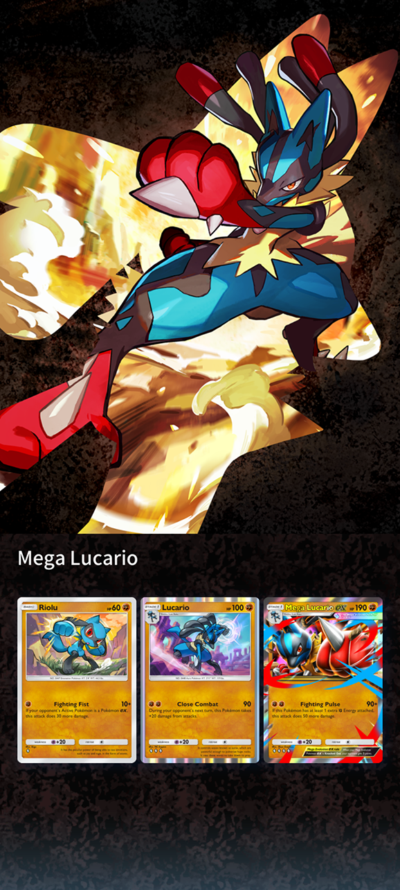 Pokémon TCG Pocket Pulsing Aura card lineup featuring Mega Lucario ex and Mega Sceptile ex