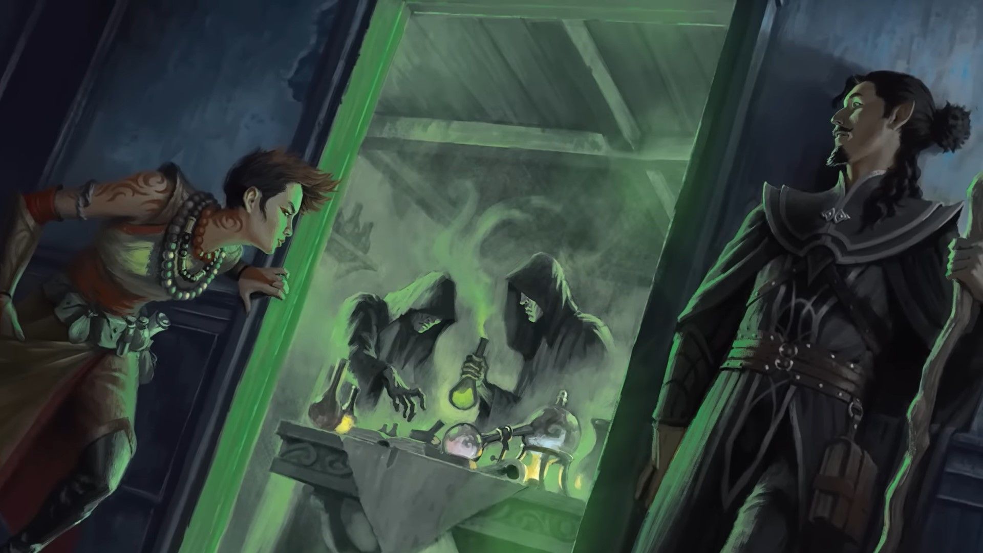 A hooded Dungeons & Dragons character sneaking at the table