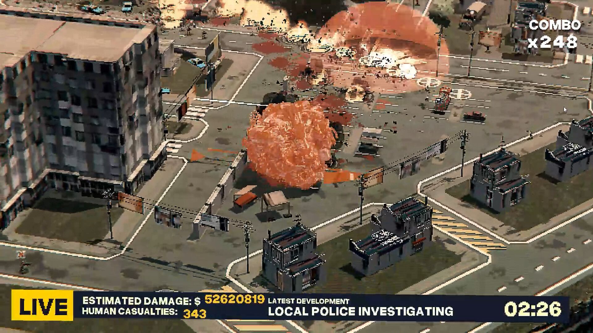 ROLLA gameplay showing the orange monster rolling through a damaged city intersection