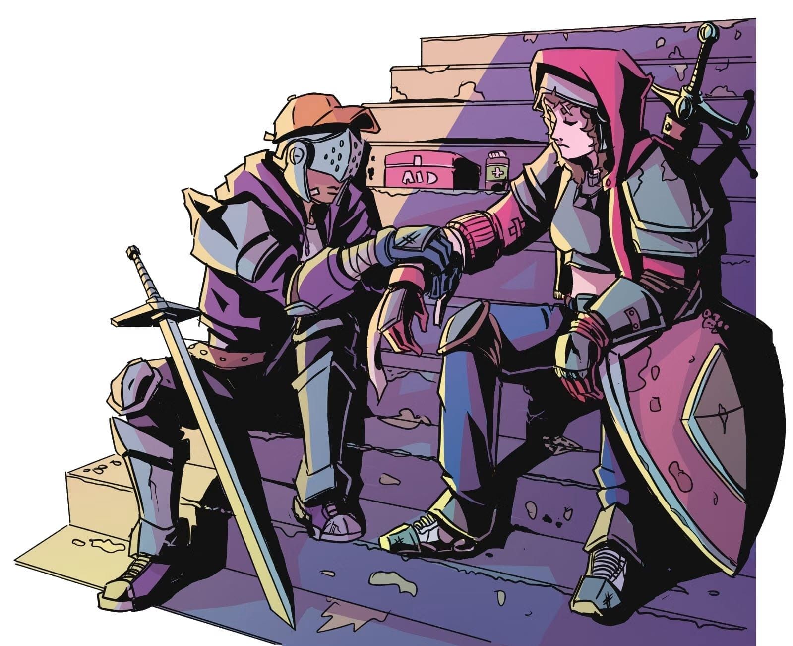 Two armored City of Espers characters resting together on steps