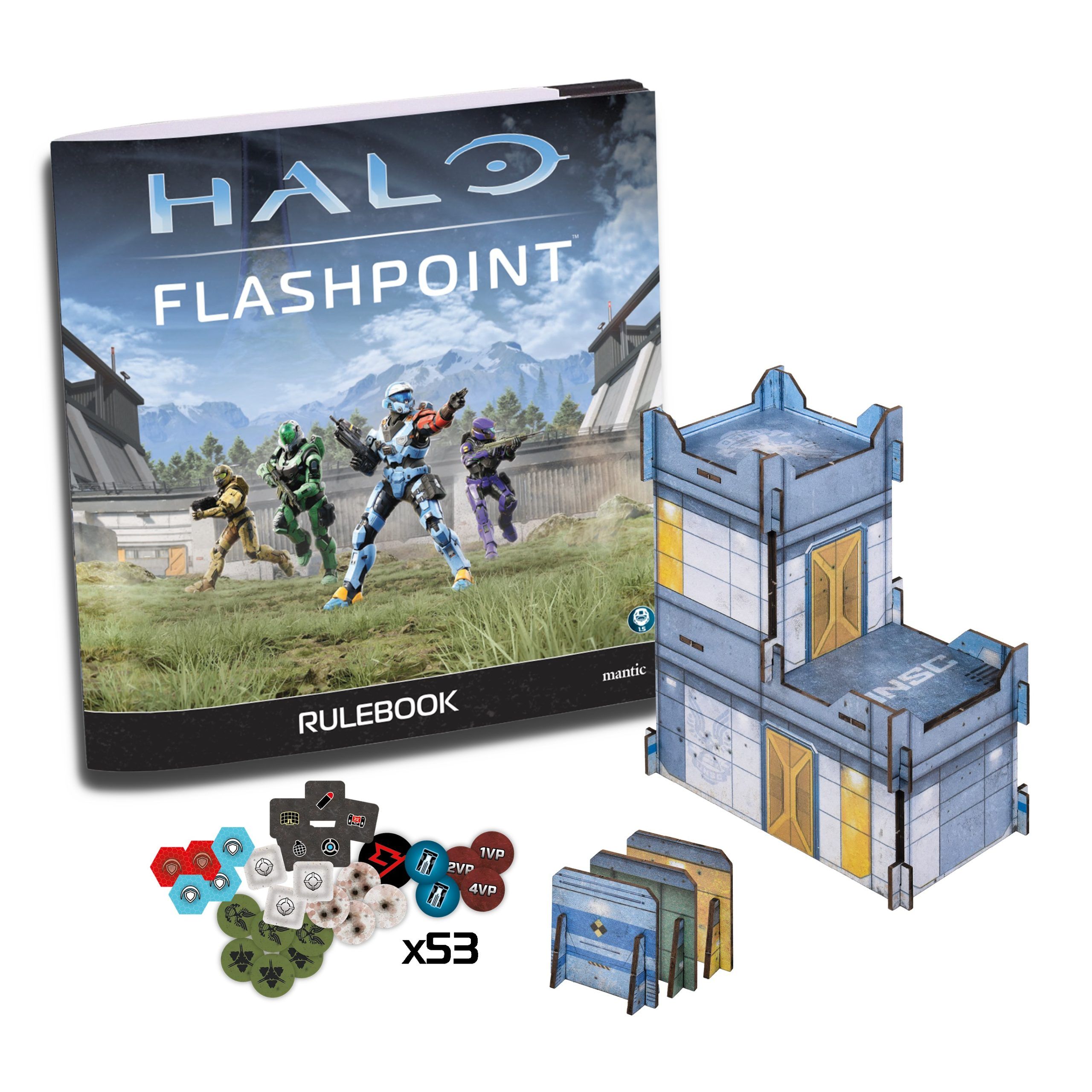 Halo Flashpoint rulebook with tokens and card terrain