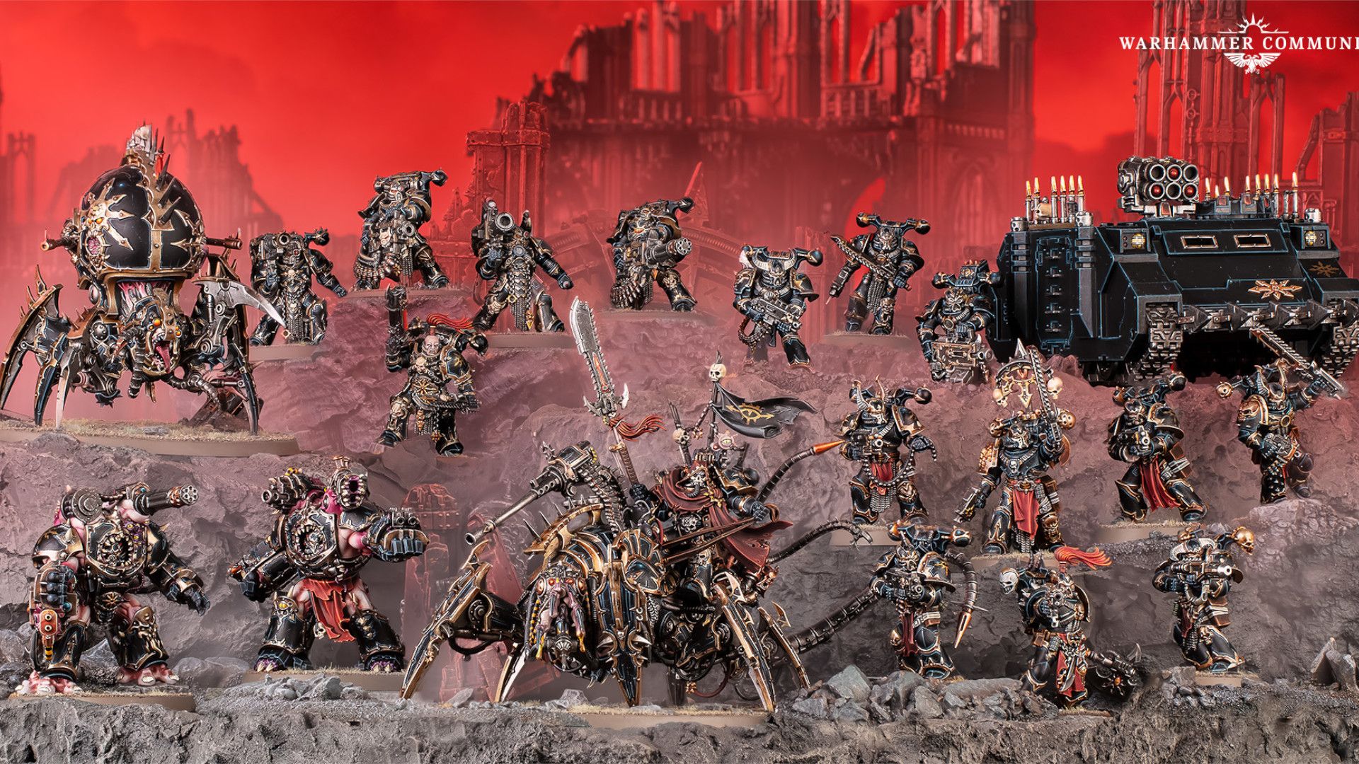 Chaos Space Marines miniatures on a red battlefield