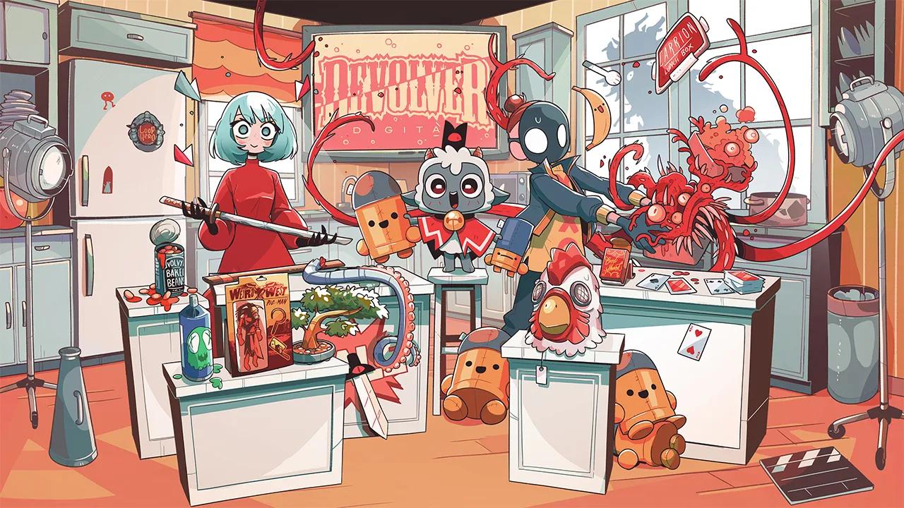 Promotional artwork showing characters from Devolver-published games