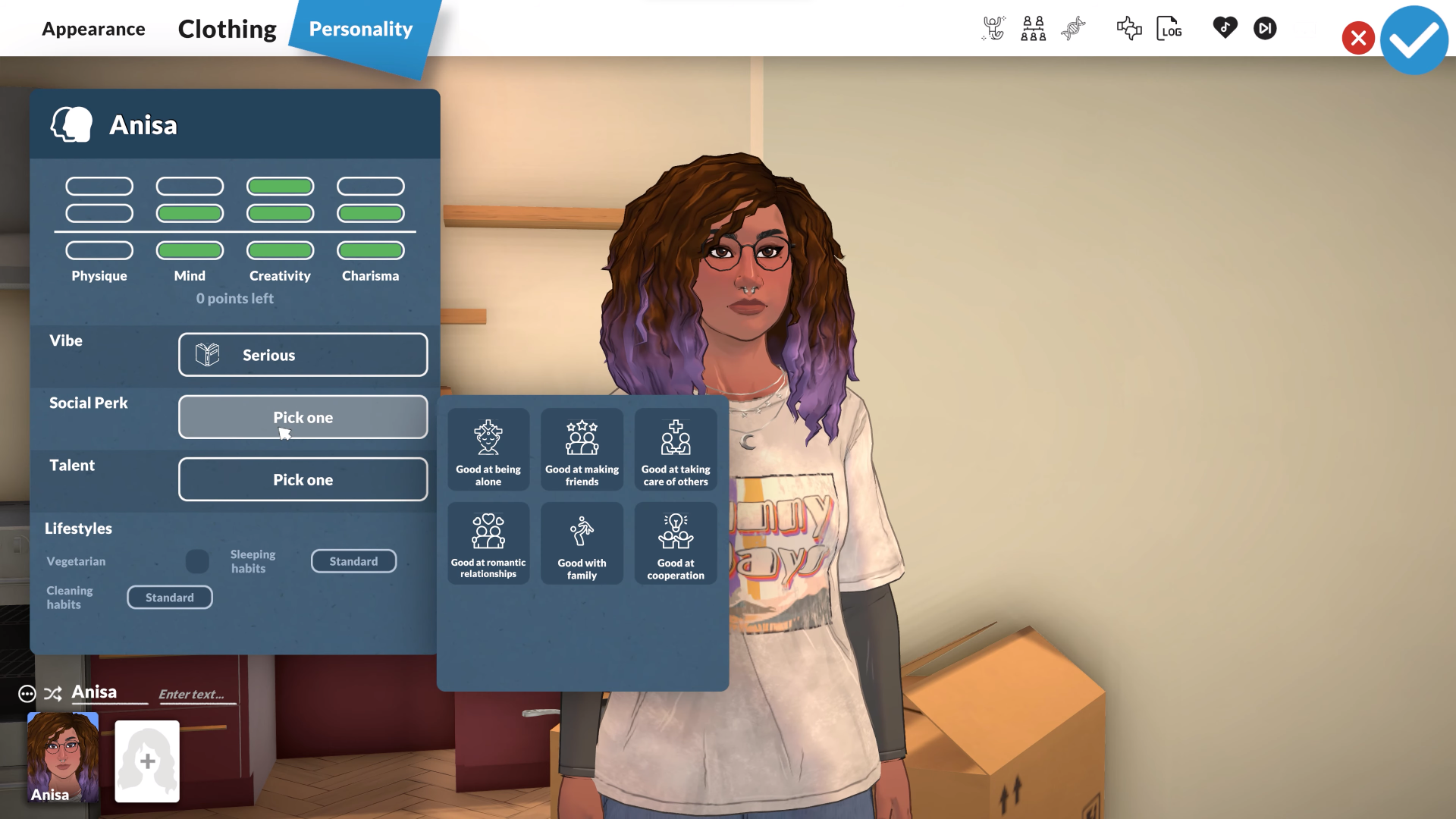 Character creation social perk selection in Paralives