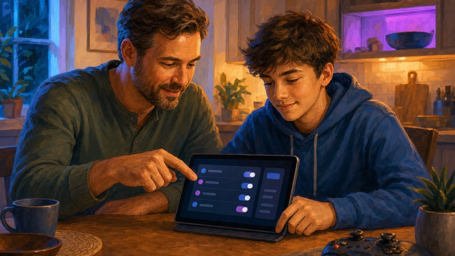 Parent and teen reviewing gaming safety settings together