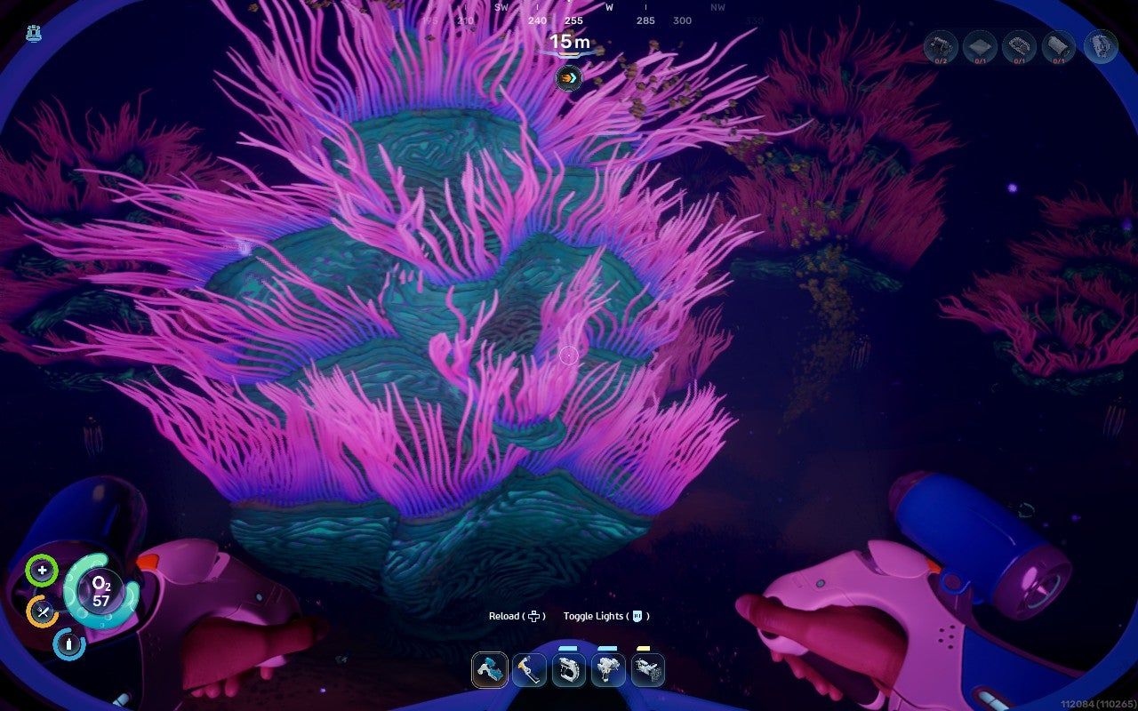 Bioluminescent pink and purple undersea organism in Subnautica 2