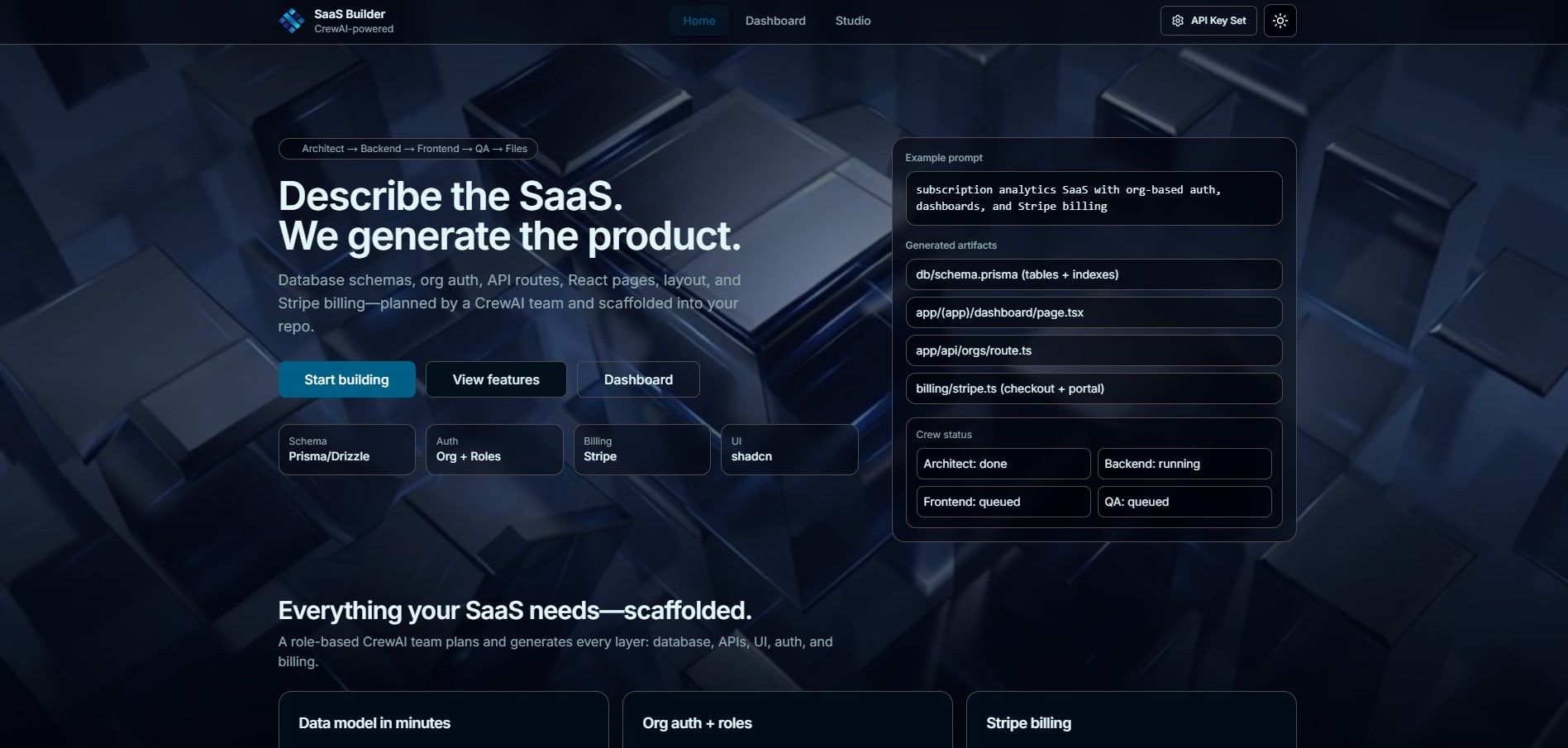 AI-Powered Full-Stack SaaS Builder interface showing its CrewAI workflow and SaaS application generation features