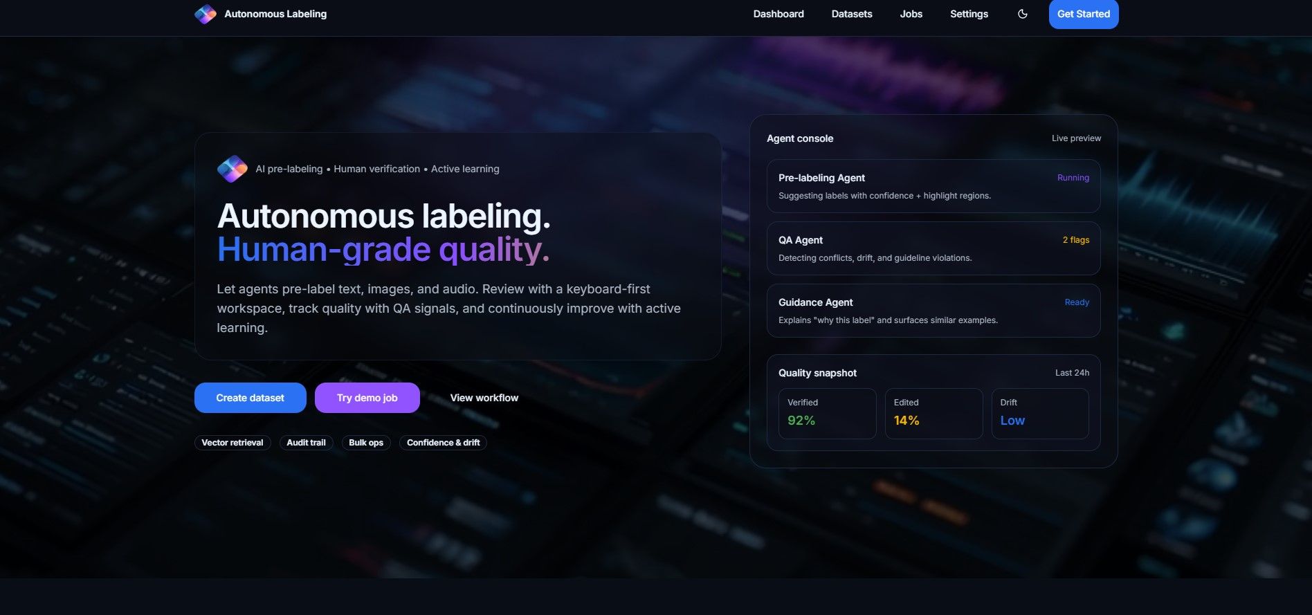 Autonomous Data Labeling Platform interface for creating datasets, generating AI draft labels and reviewing annotations