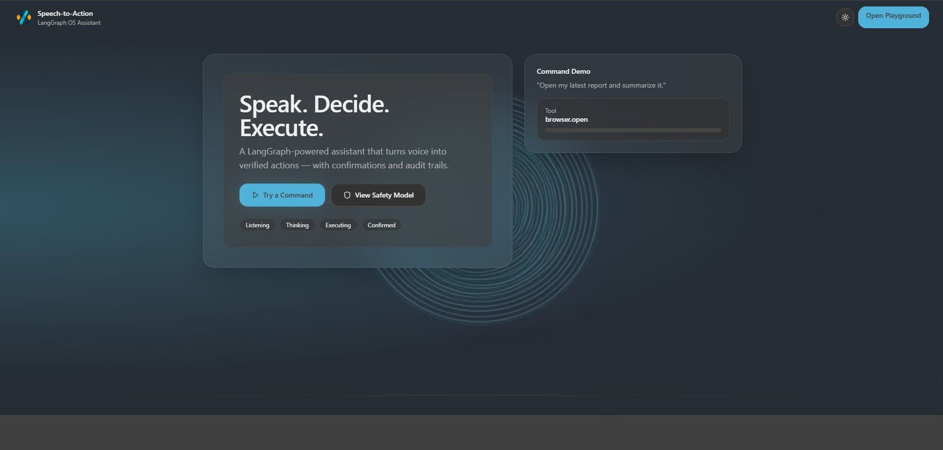 Speech-to-Action OS Assistant interface for entering voice or text commands and reviewing AI-generated action plans