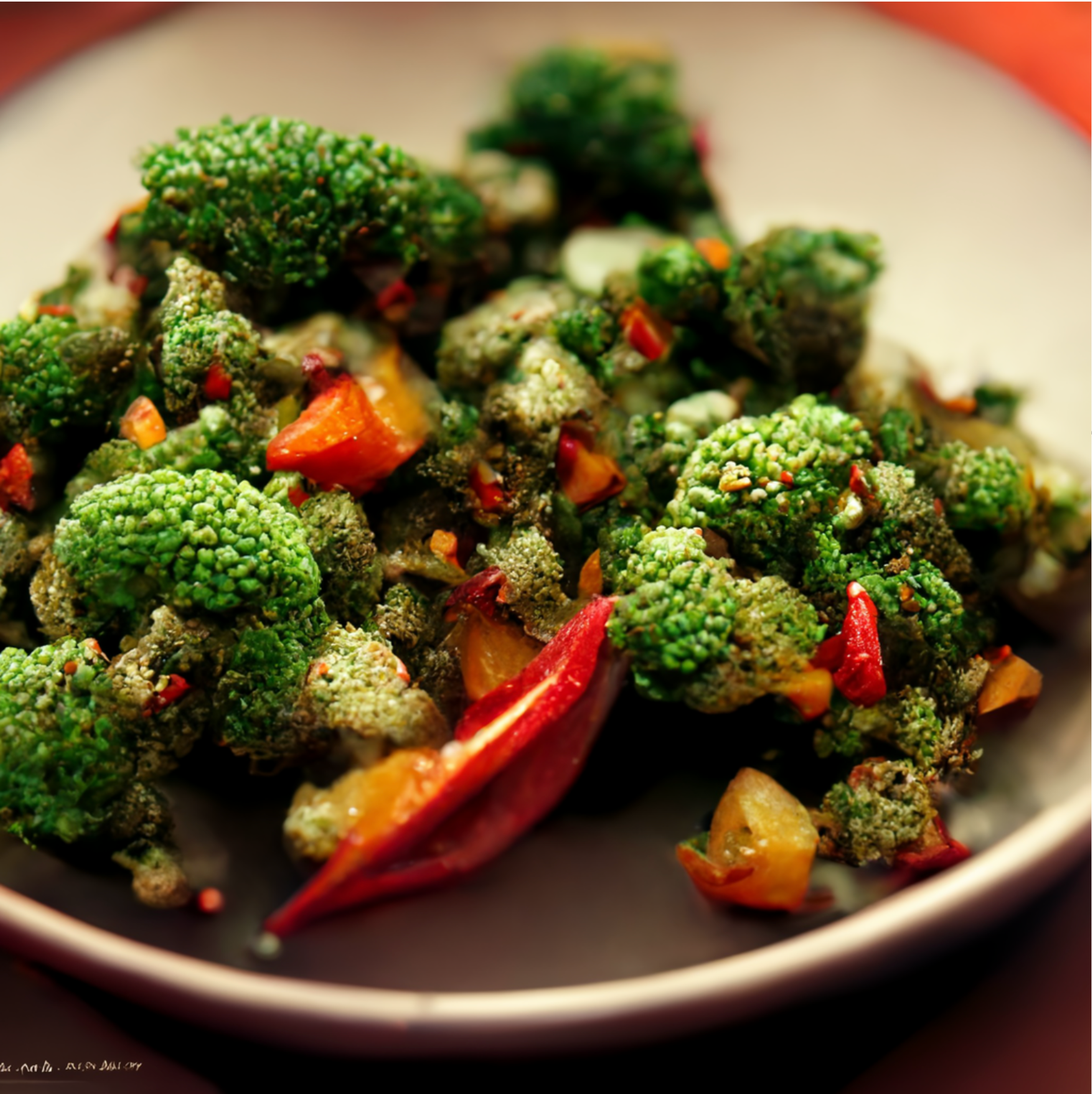 Fotorealistisk bild av maträtt med broccoli och chili.