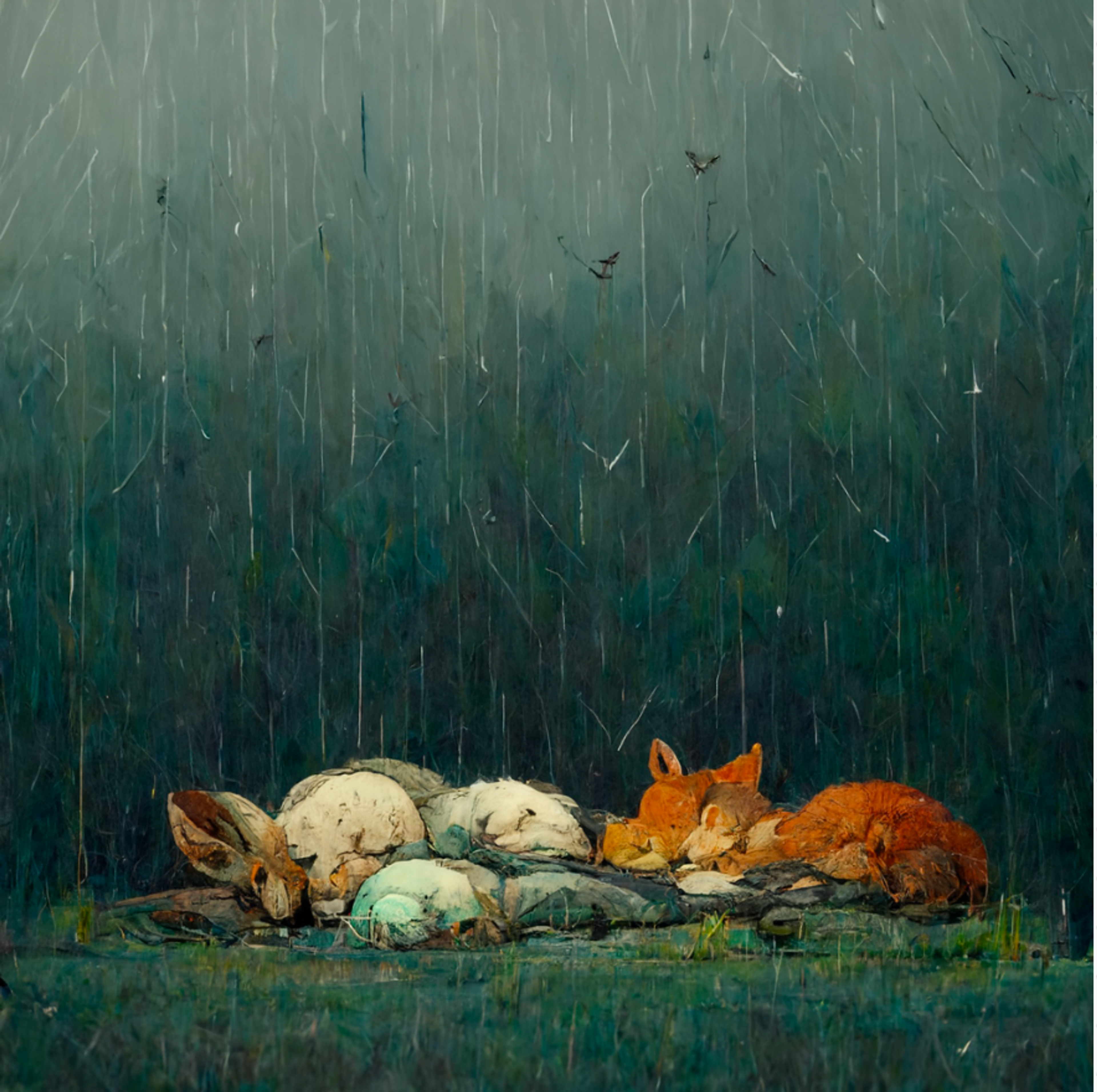 Animals sleeping in the rain.