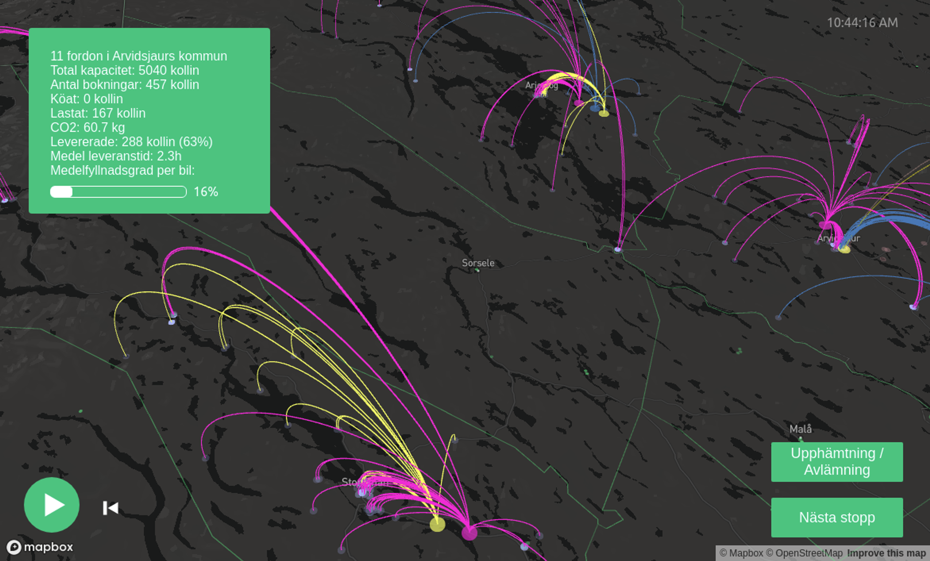 Kartvy som visar simulerade transporter och statistik om utsläpp och leveranstider i Arvidsjaurs kommun
