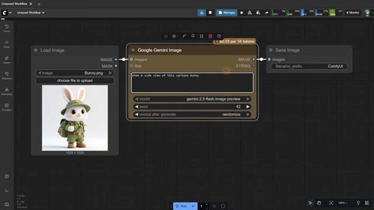 a simple ComfyUI Nano Banana API workflow: a bunny image and a prompt wired into the Google Gemini Image node and a save