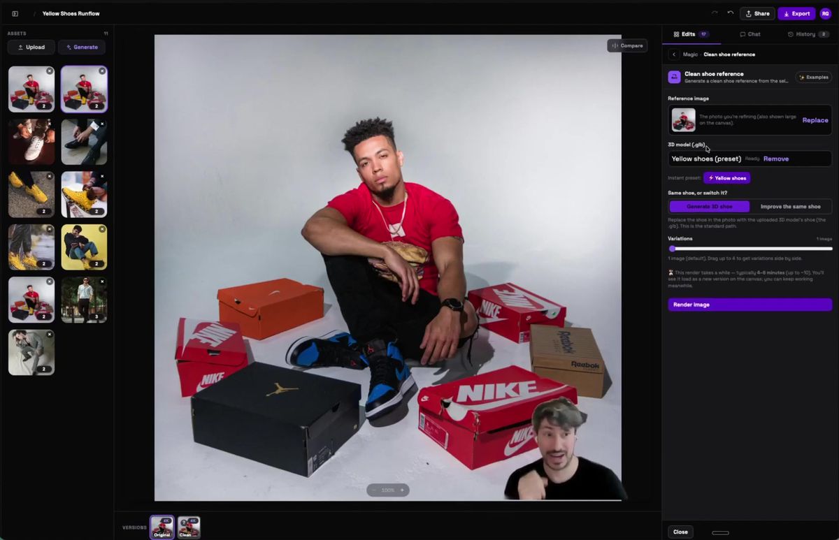 Running the same shoe input through a 3D model workflow preset for accurate product photography