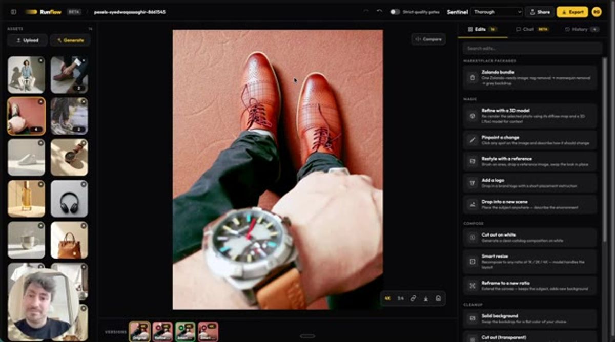 a top-view stock photo of brown leather shoes loaded as the reference in the runflow editor