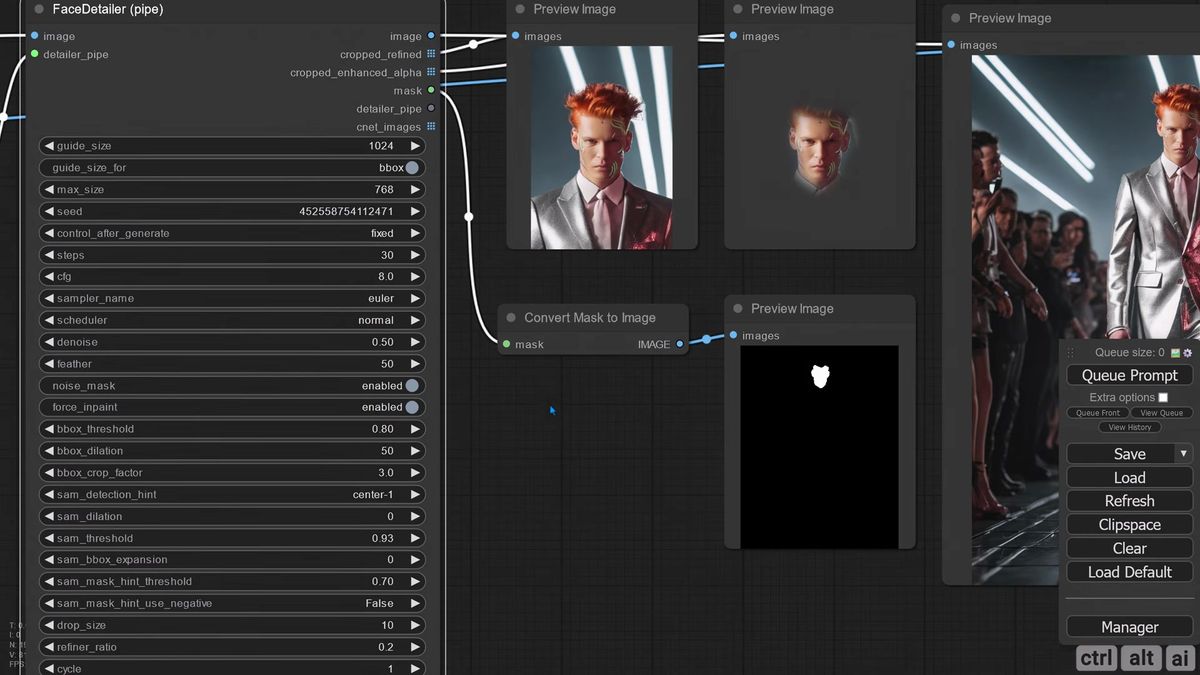 ComfyUI FaceDetailer feather and crop factor settings controlling how the repaired face blends into the surrounding imag