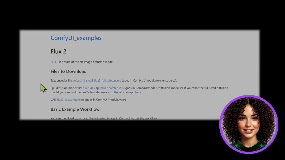 The ComfyUI examples page for Flux 2 listing the three files to download: mistral_3_small_flux2_fp8 text encoder, flux2_