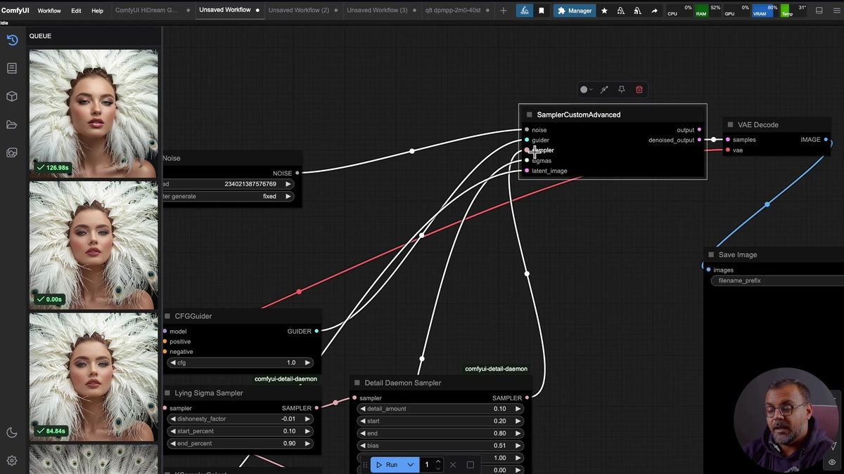 The Detail Demon custom node wired into a SamplerCustomAdvanced chain in the HiDream ComfyUI workflow to add detail and