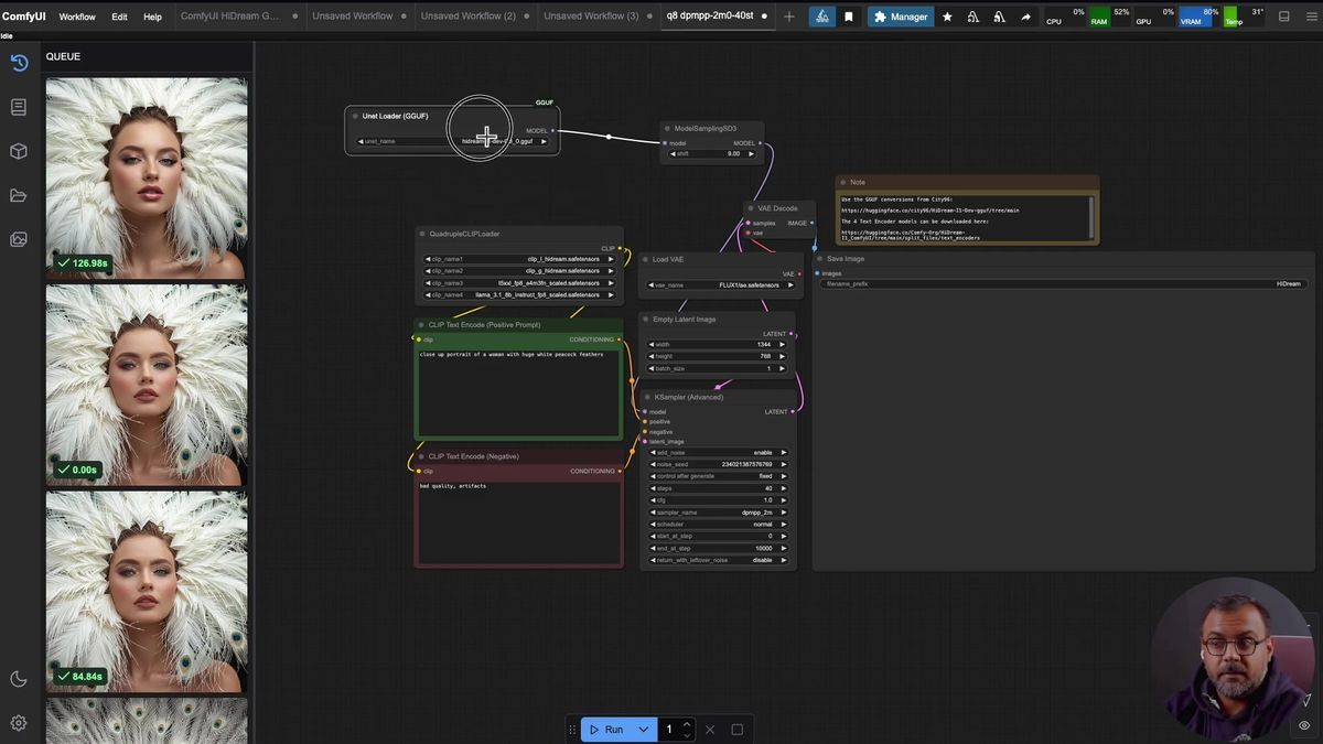 The HiDream ComfyUI workflow graph showing the Unet Loader GGUF node, ModelSamplingSD3, QuadrupleCLIPLoader, positive an