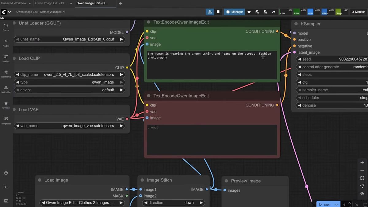 ComfyUI Qwen image edit virtual try-on workflow dressing a model in a custom Qwen t-shirt