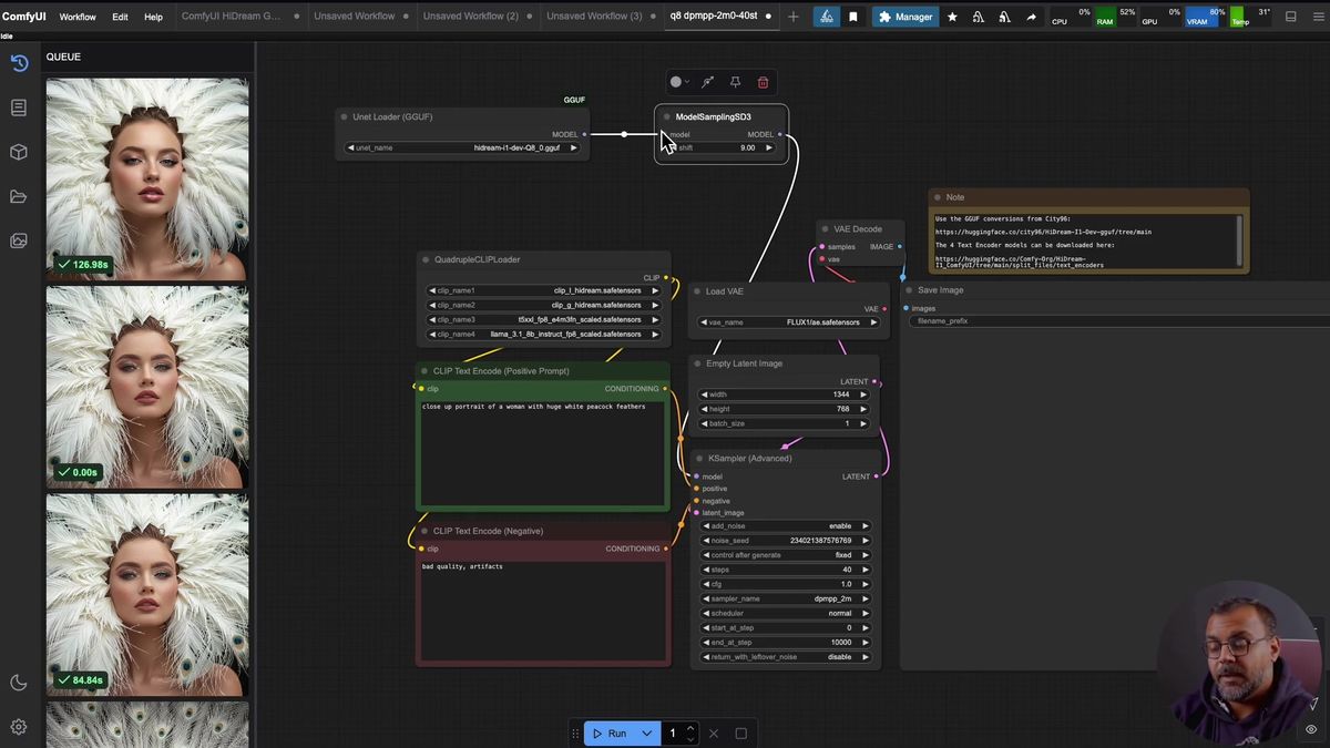 The GGUF Unet Loader node connected to a ModelSamplingSD3 node with a shift value, part of the HiDream workflow in Comfy