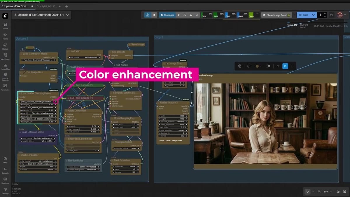 ComfyUI LoRA loader chain stacking Beautiful Portrait, Realism, Dev_oil, and Detailer Flux LoRAs in series before the sa